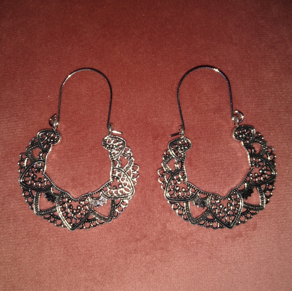 Ornate Silver Heart Filigree Metal Lace Hoop Earrings Huggie Hoops Boho Cutout